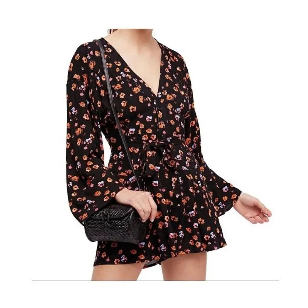 Free People womens Sz 0 black orange LAmour floral romper